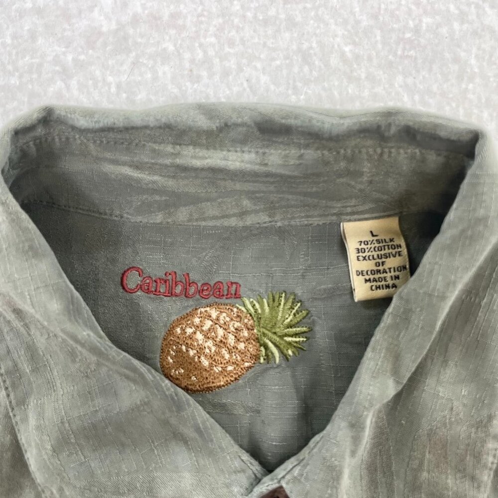 Caribbean Men's Green 100% Silk Button Down Collared Shirt Size L - Picture 3 of 5